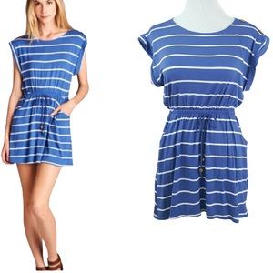Nautical Blue White Striped Print Adjustable Tie Waist Dress